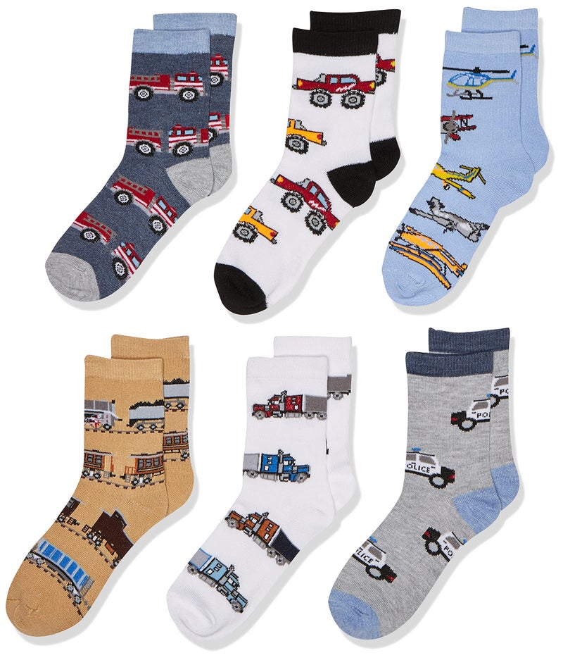 Jefferies Socks Little Boys Trains Trucks Cars Pattern Crew Socks 6 Pack, Multi, X-Small (1182) - Image 1